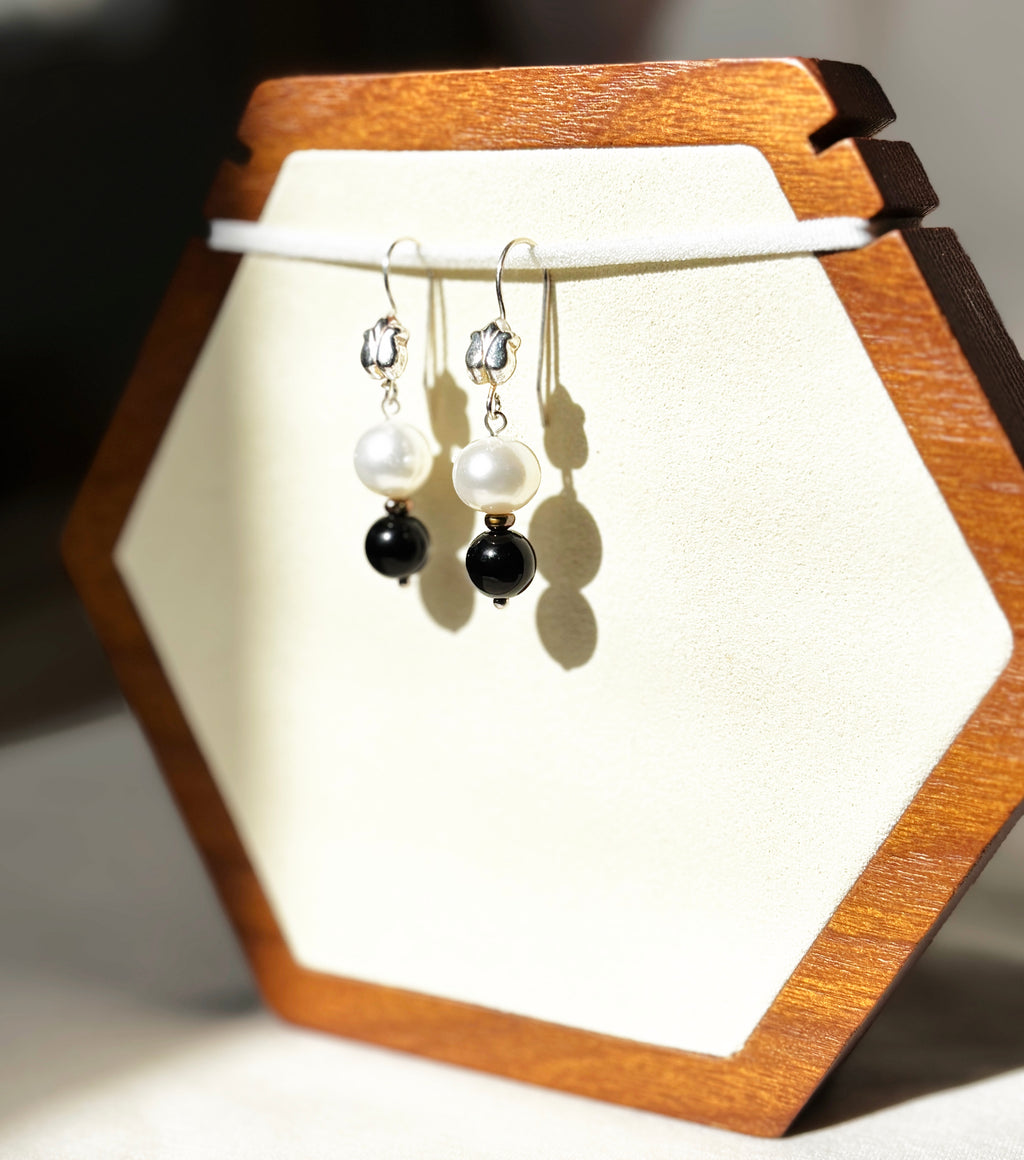 EnJen – Pearl and Black Bead Drop Earrings on Sterling Silver Hook