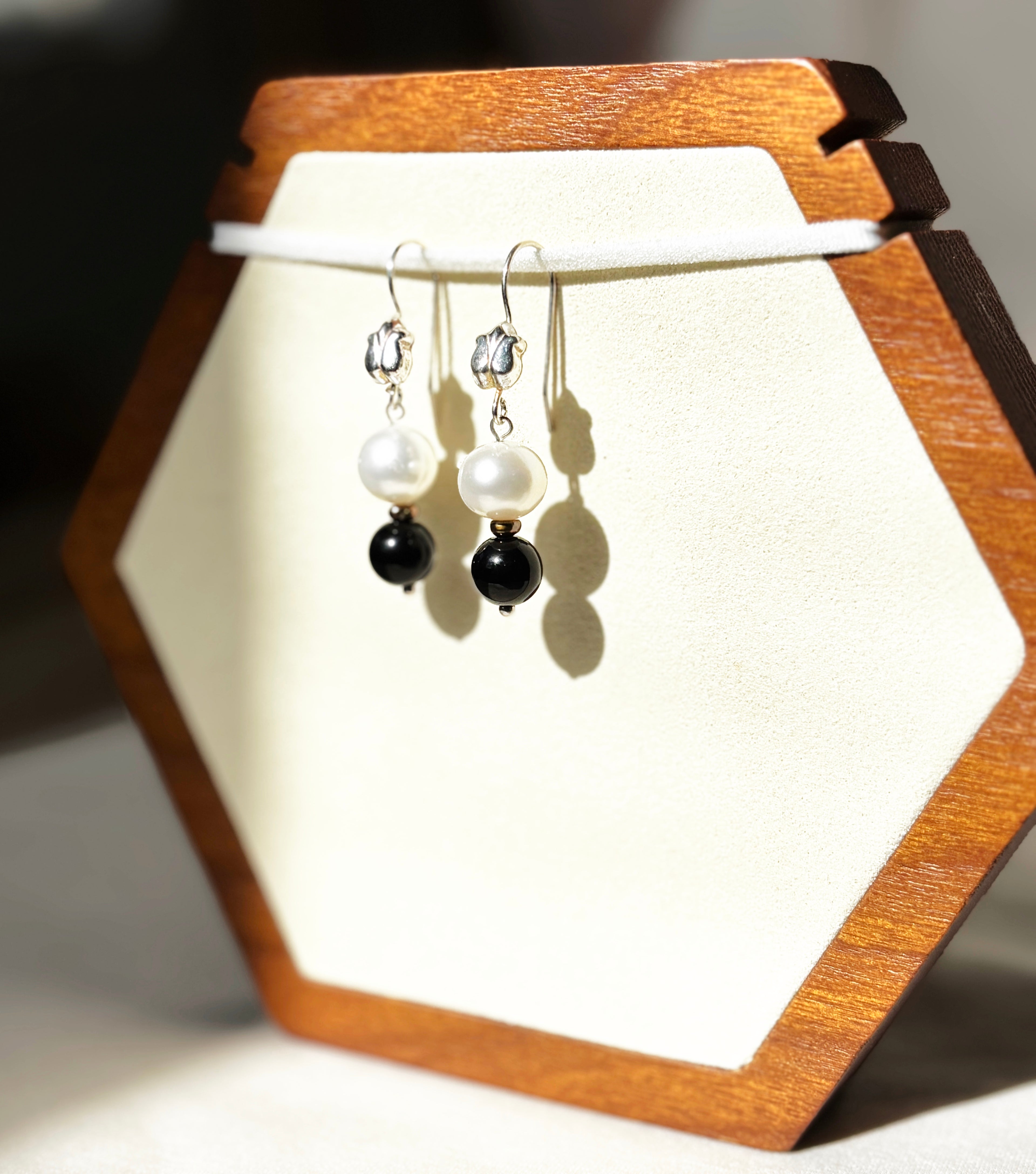 EnJen – Pearl and Black Bead Drop Earrings on Sterling Silver Hook