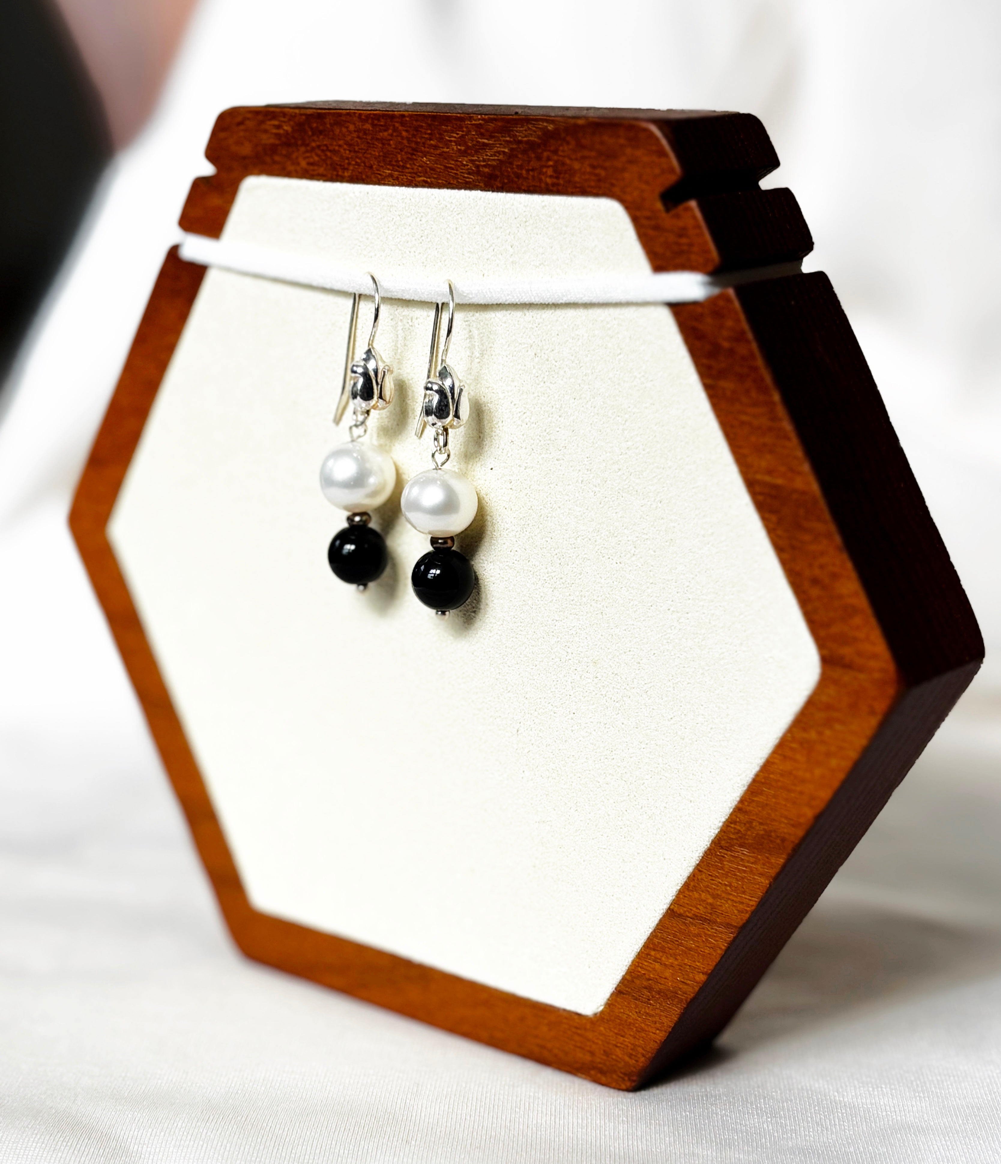 EnJen – Pearl and Black Bead Drop Earrings on Sterling Silver Hook