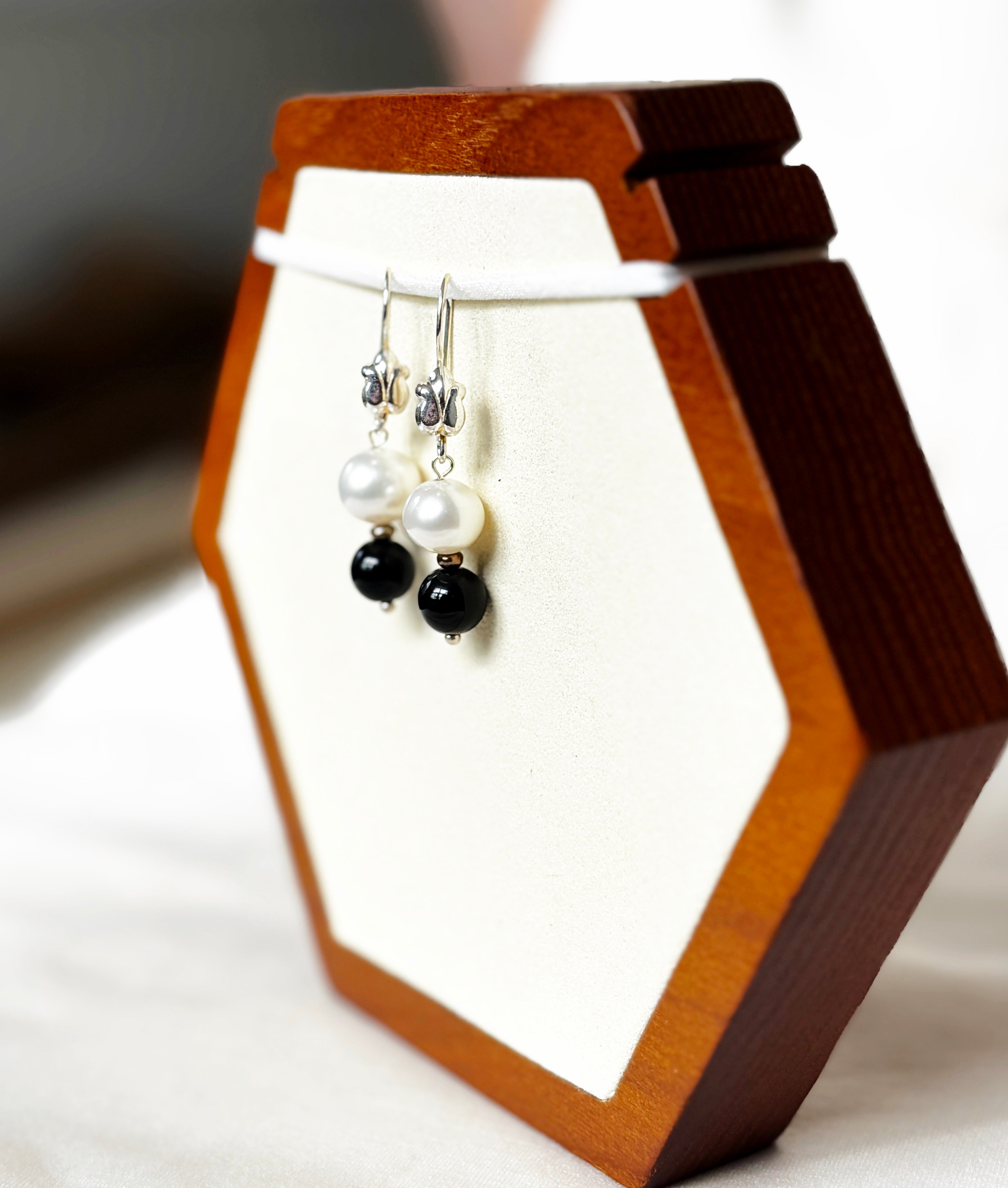 EnJen – Pearl and Black Bead Drop Earrings on Sterling Silver Hook