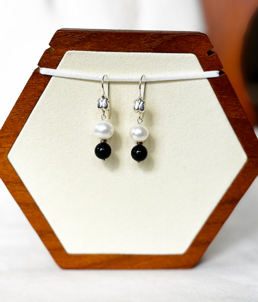 EnJen – Pearl and Black Bead Drop Earrings on Sterling Silver Hook