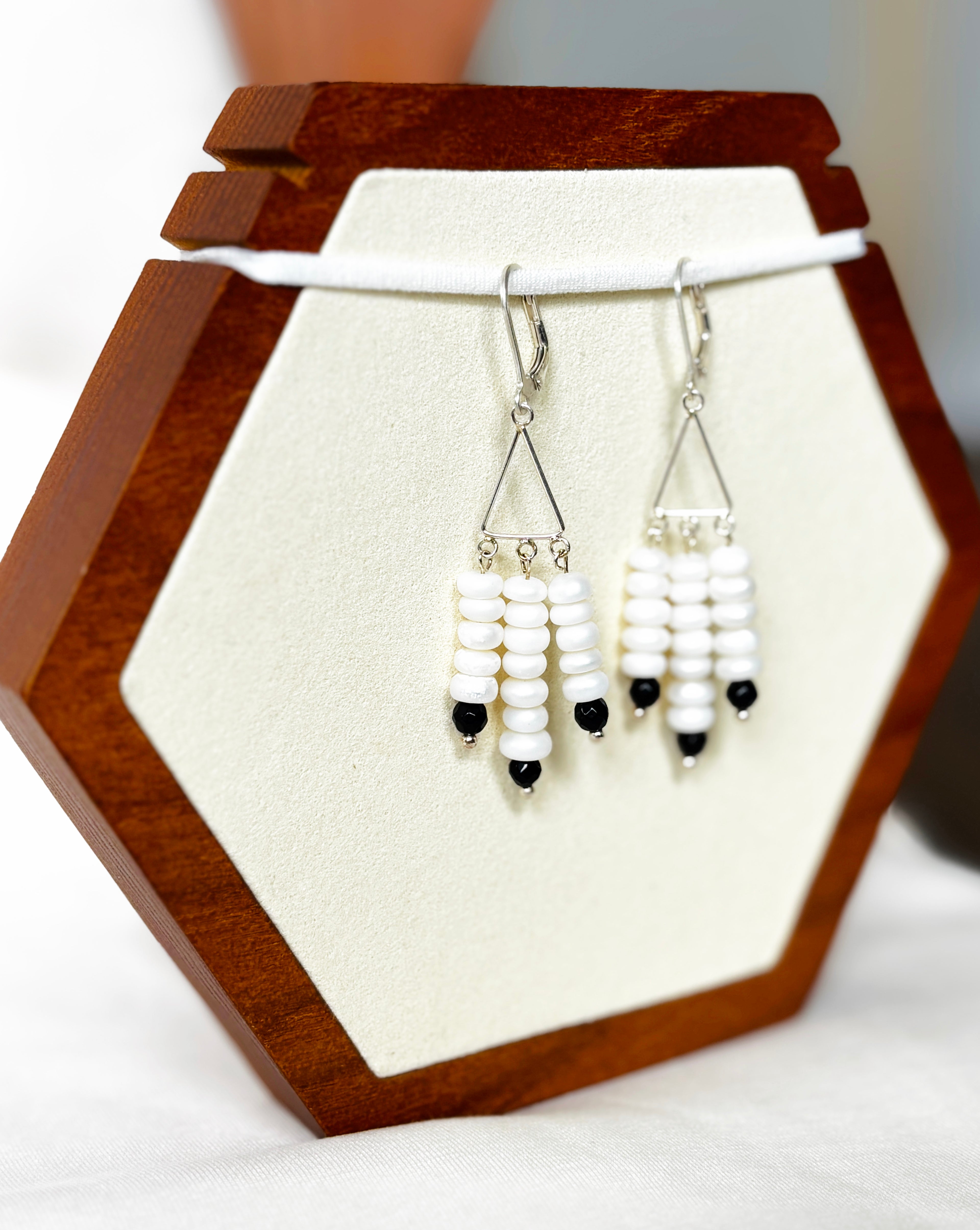 EnJen – Pearl & Black Stiped Glass Earrings on Sterling Silver Leverbacks