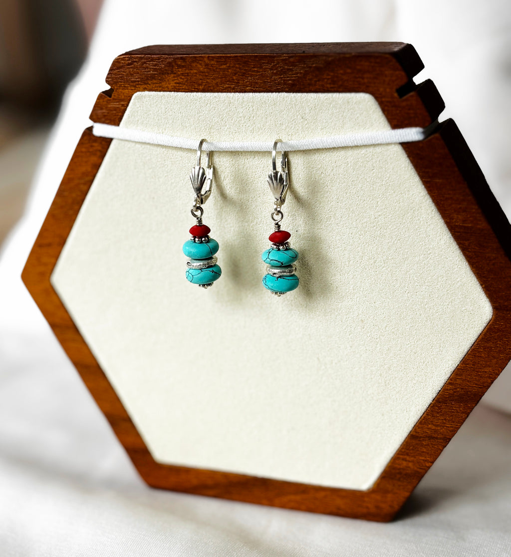 EnJen – Turquoise & Coral Earrings on Sterling Silver Leverbacks