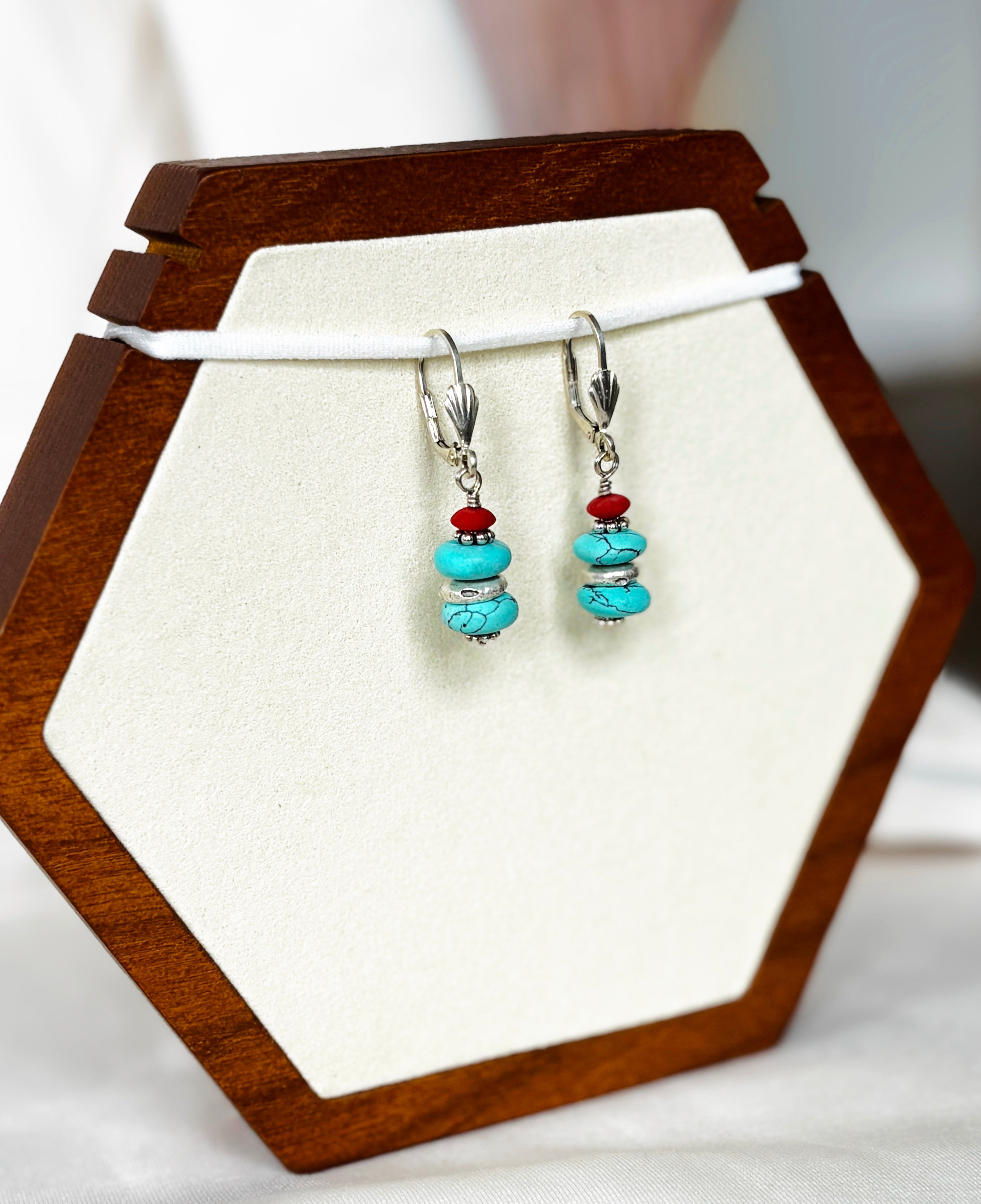 EnJen – Turquoise & Coral Earrings on Sterling Silver Leverbacks