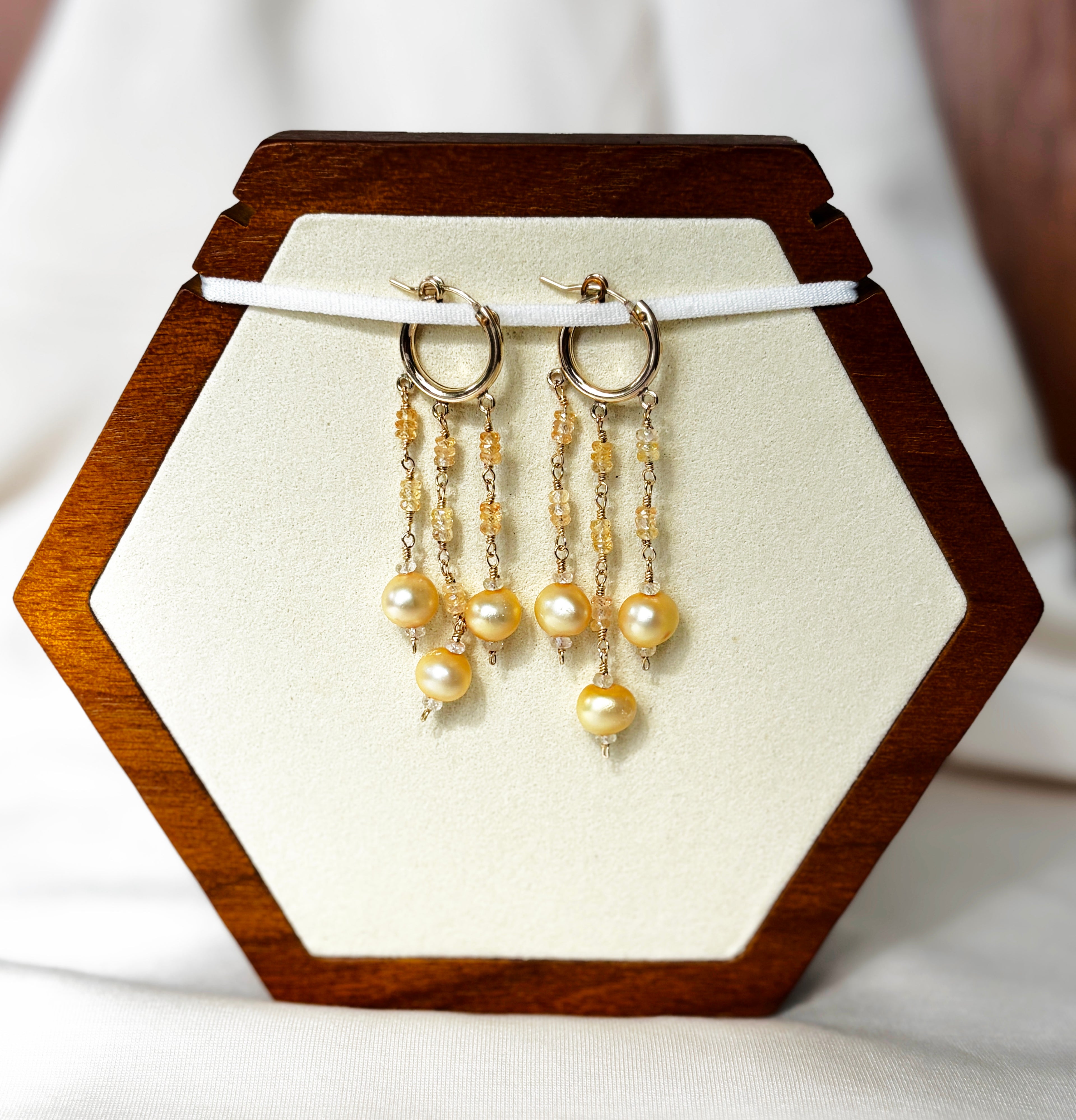 EnJen – Hand-wrapped Peach Pearls & Citrine Earrings on Gold-filled Chandeliers
