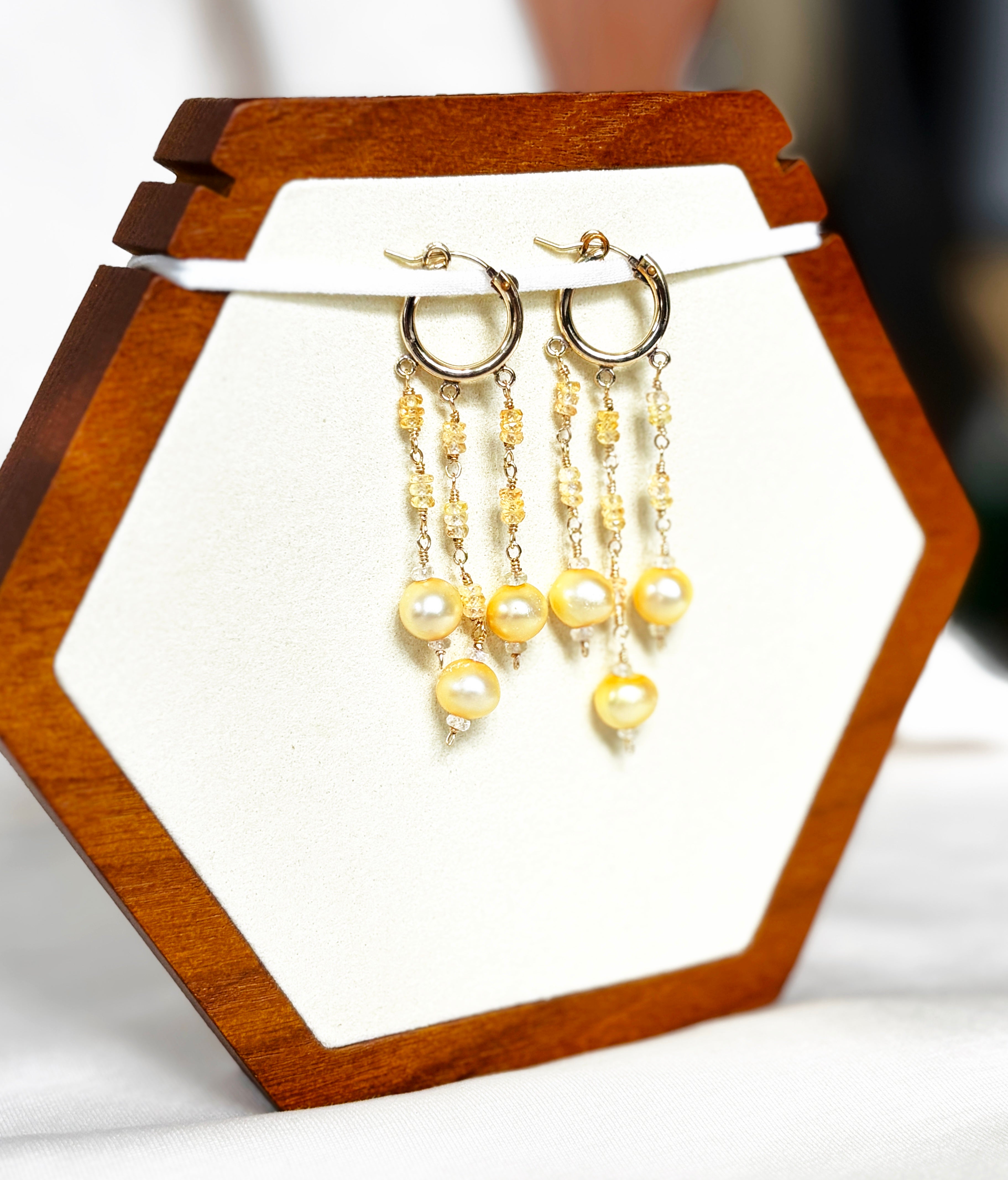 EnJen – Hand-wrapped Peach Pearls & Citrine Earrings on Gold-filled Chandeliers