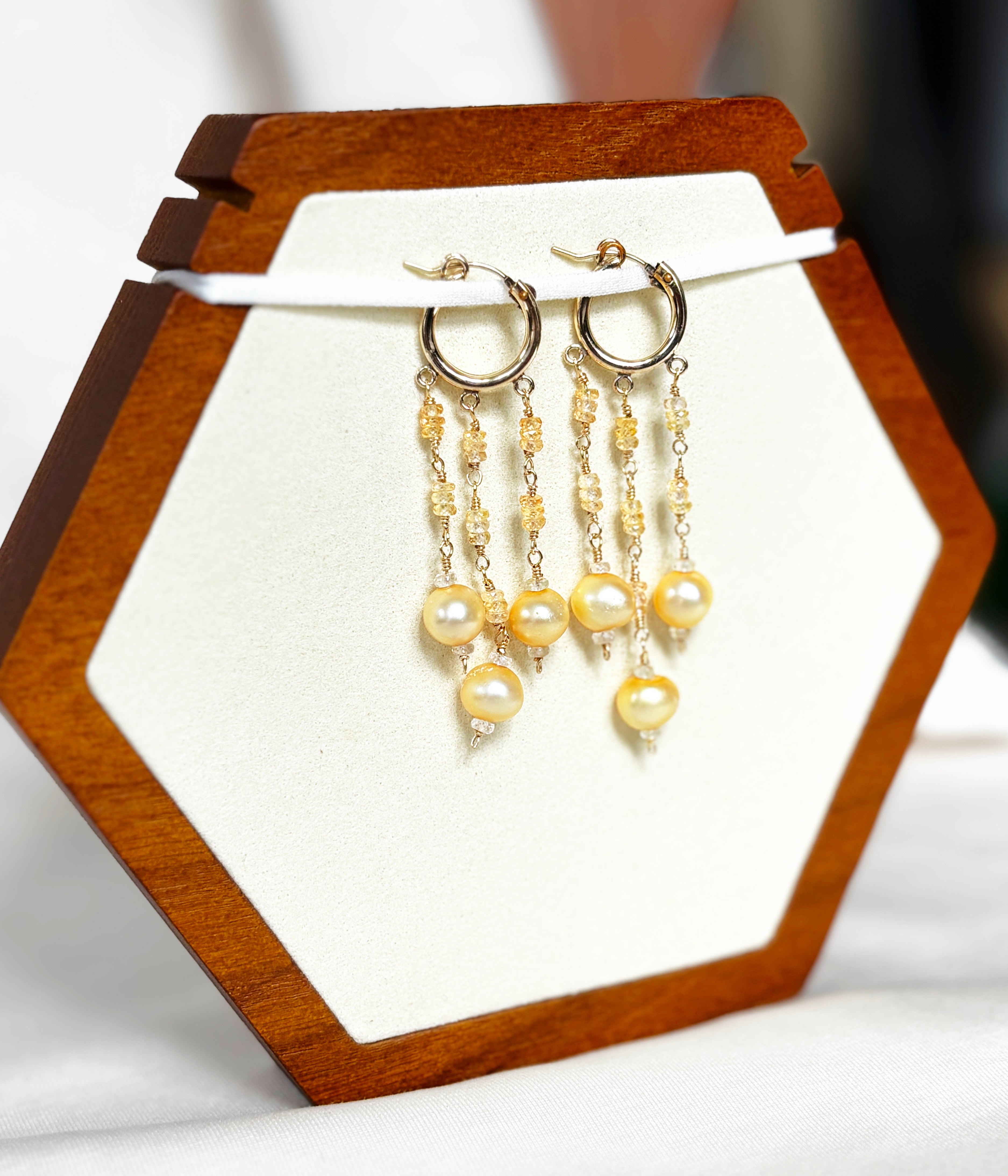 EnJen – Hand-wrapped Peach Pearls & Citrine Earrings on Gold-filled Chandeliers
