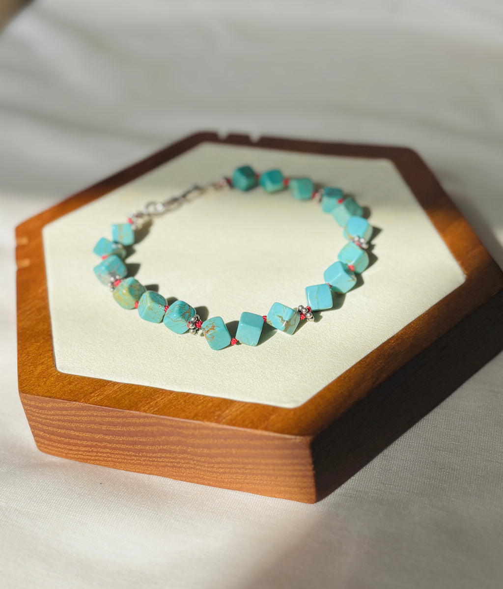 EnJen – Natural Turquoise & Sterling Silver Bracelet on Hand-tied Red Silk