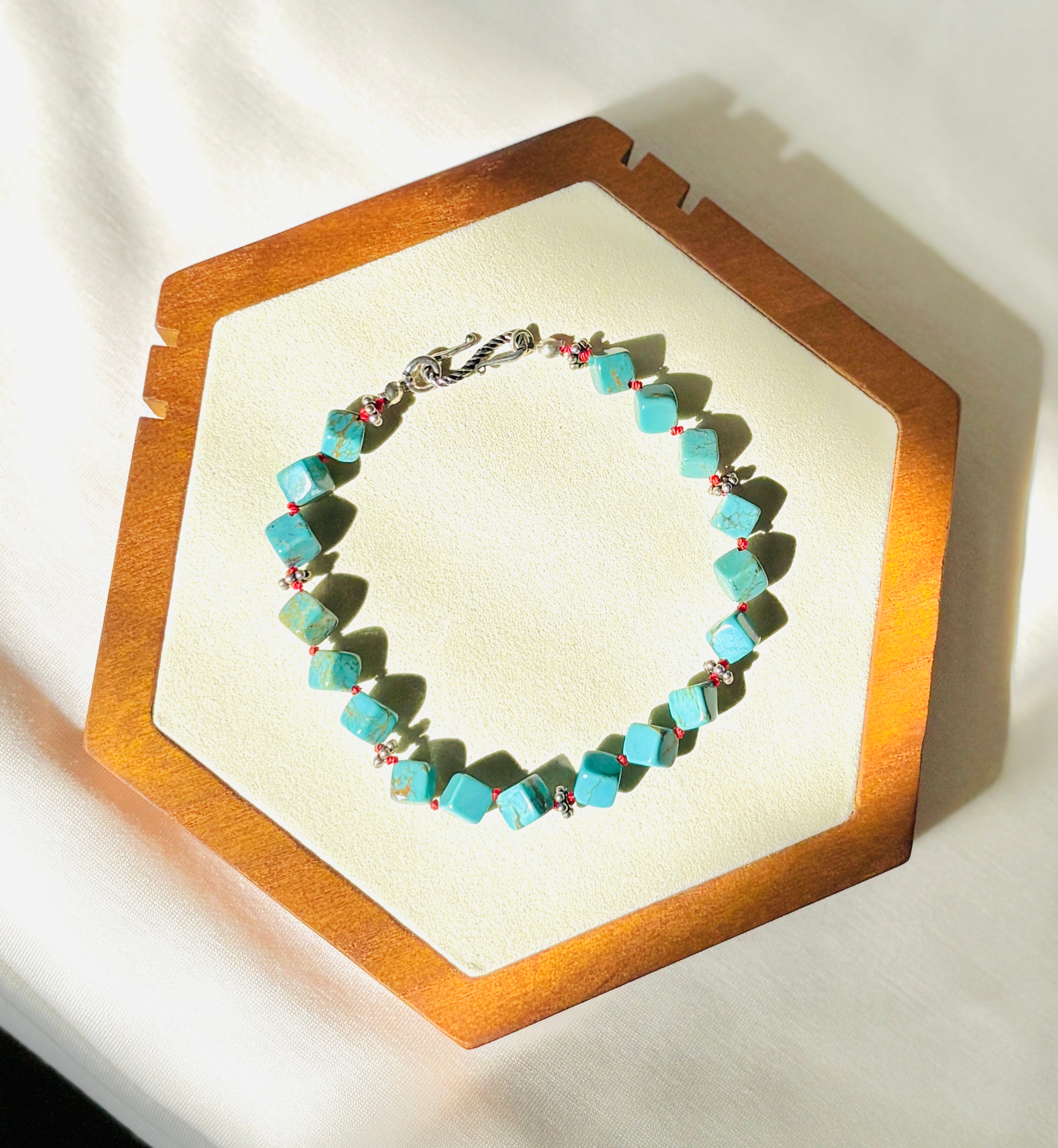 EnJen – Natural Turquoise & Sterling Silver Bracelet on Hand-tied Red Silk