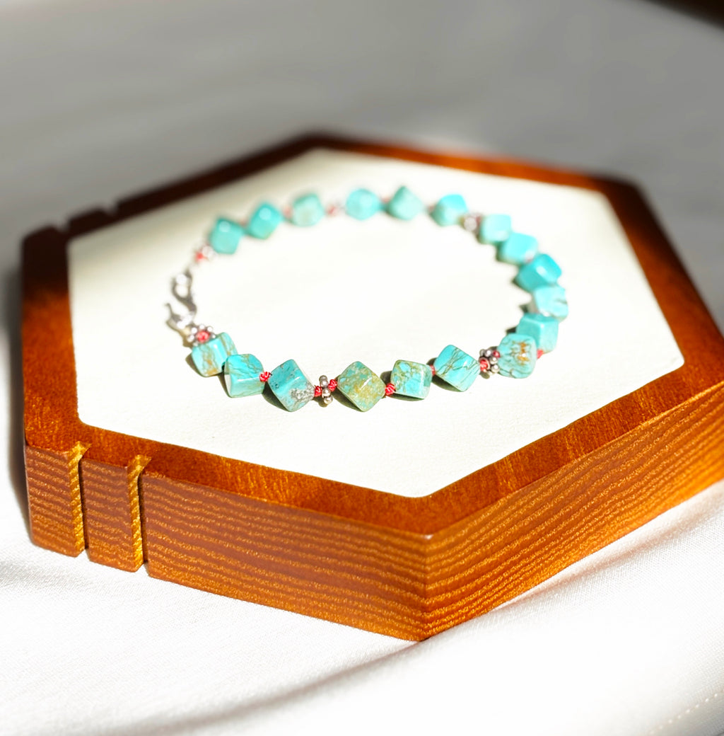 EnJen – Natural Turquoise & Sterling Silver Bracelet on Hand-tied Red Silk