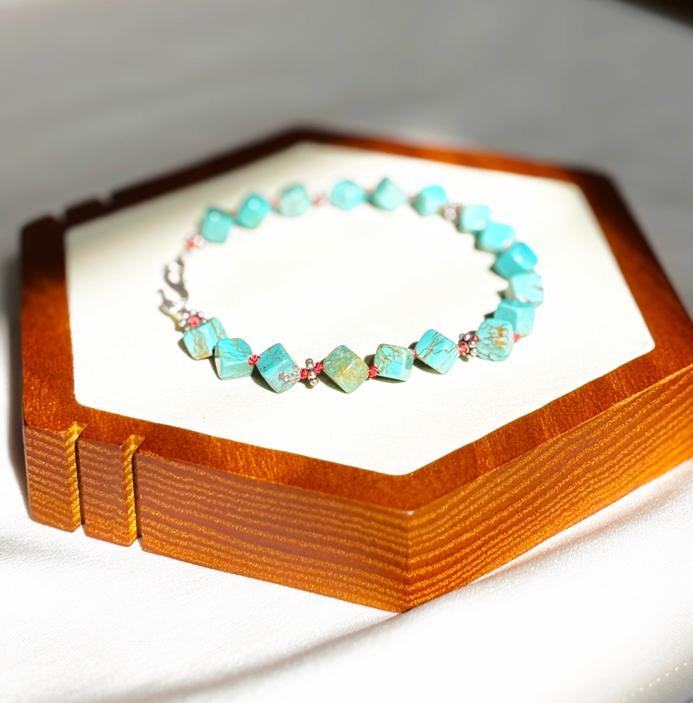 EnJen – Natural Turquoise & Sterling Silver Bracelet on Hand-tied Red Silk