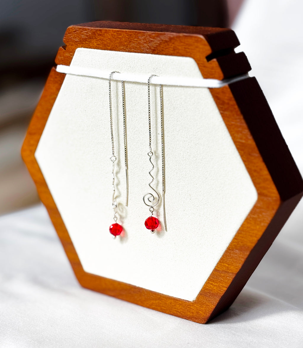 EnJen – Red Crystal Statement Earring on Sterling Silver Ear Thread