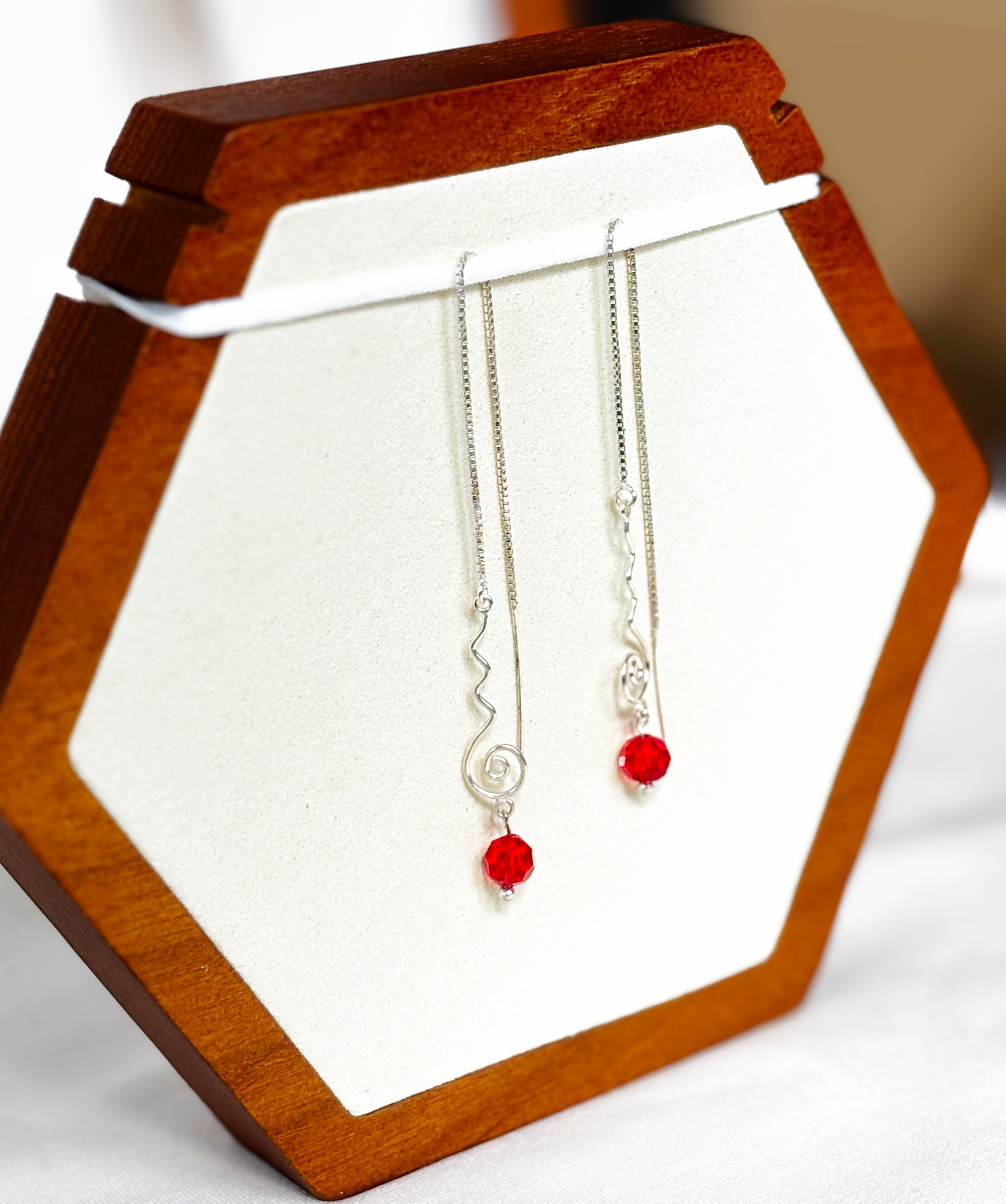 EnJen – Red Crystal Statement Earring on Sterling Silver Ear Thread