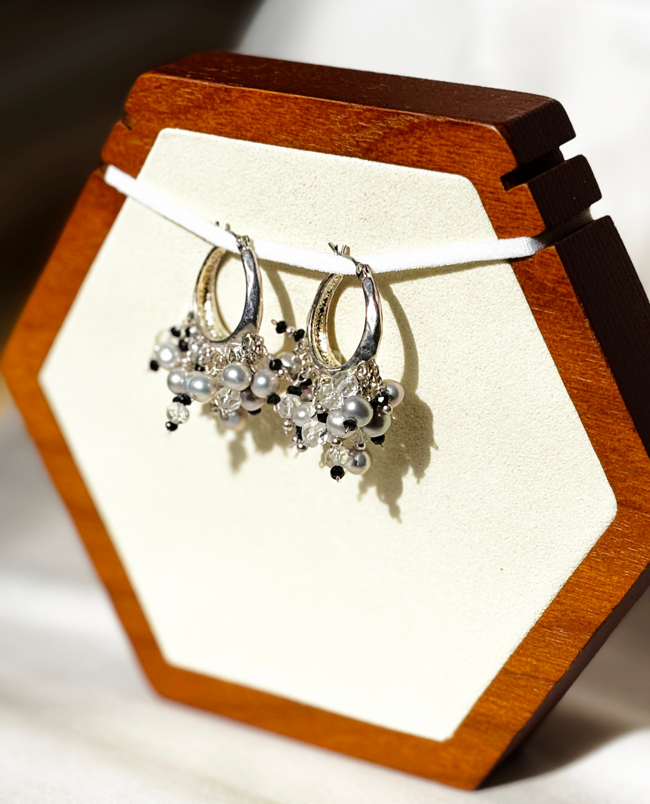 EnJen – Light Grey Pearl & Black Crystal Fray Earrings on Sterling Silver Hoops