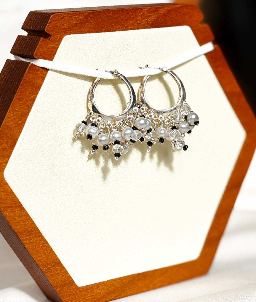 EnJen – Light Grey Pearl & Black Crystal Fray Earrings on Sterling Silver Hoops