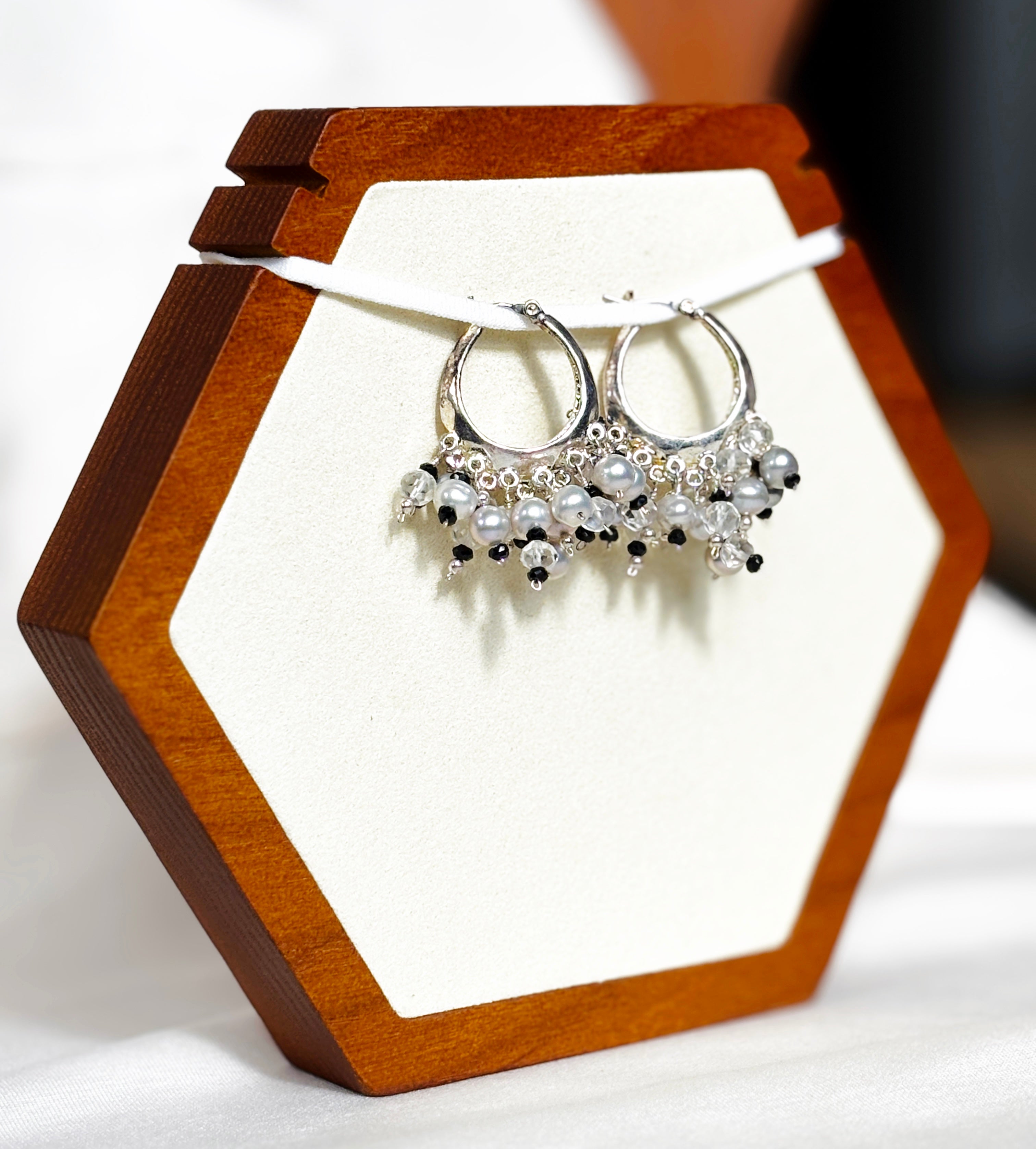 EnJen – Light Grey Pearl & Black Crystal Fray Earrings on Sterling Silver Hoops