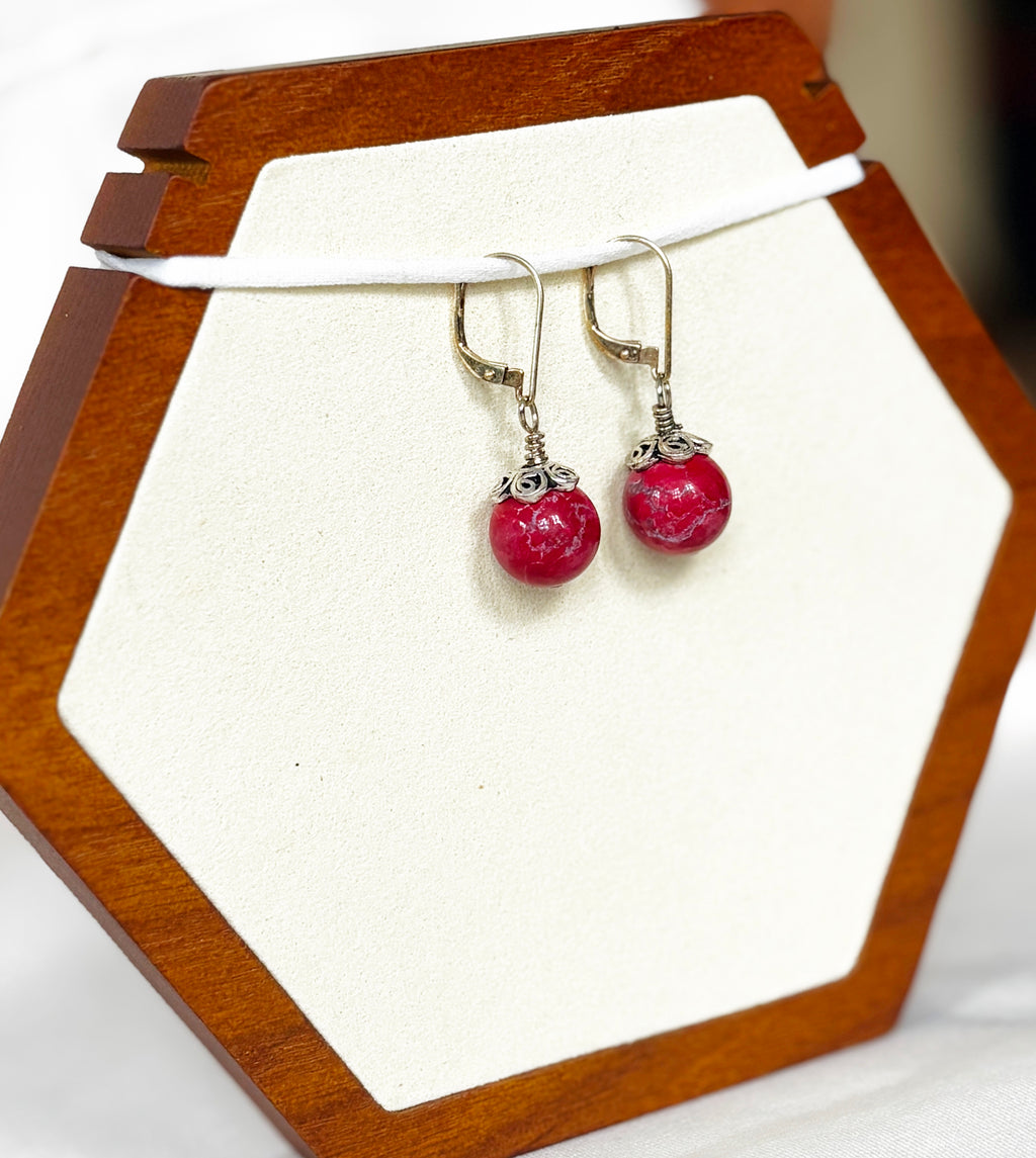 EnJen – Hand-wrapped Round Riverstone Red Earrings on Sterling Silver Leverbacks