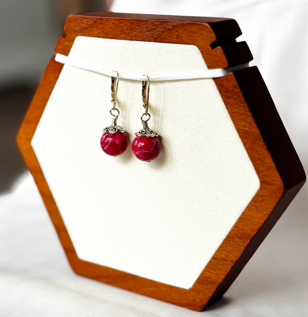 EnJen – Hand-wrapped Round Riverstone Red Earrings on Sterling Silver Leverbacks