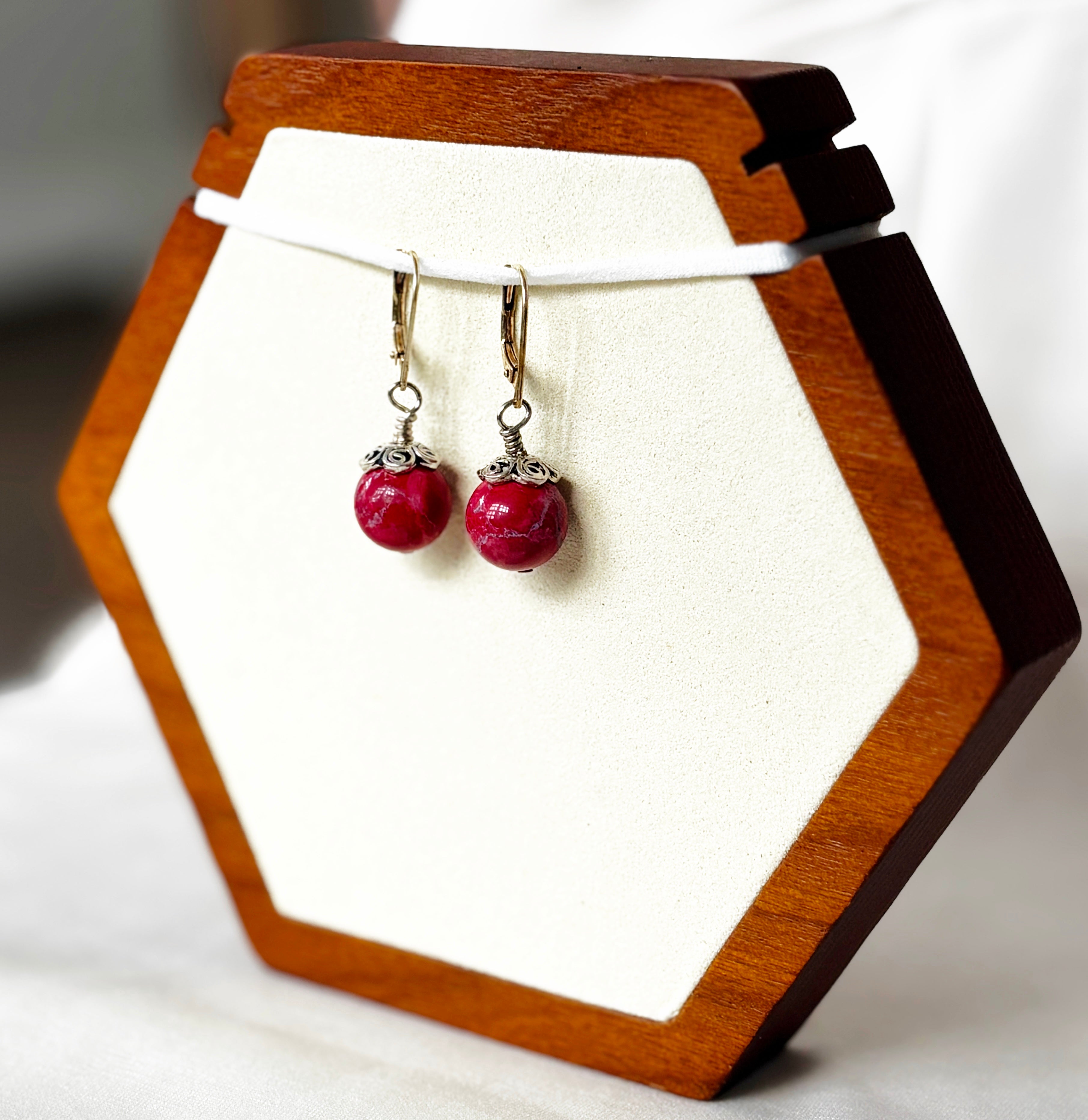 EnJen – Hand-wrapped Round Riverstone Red Earrings on Sterling Silver Leverbacks