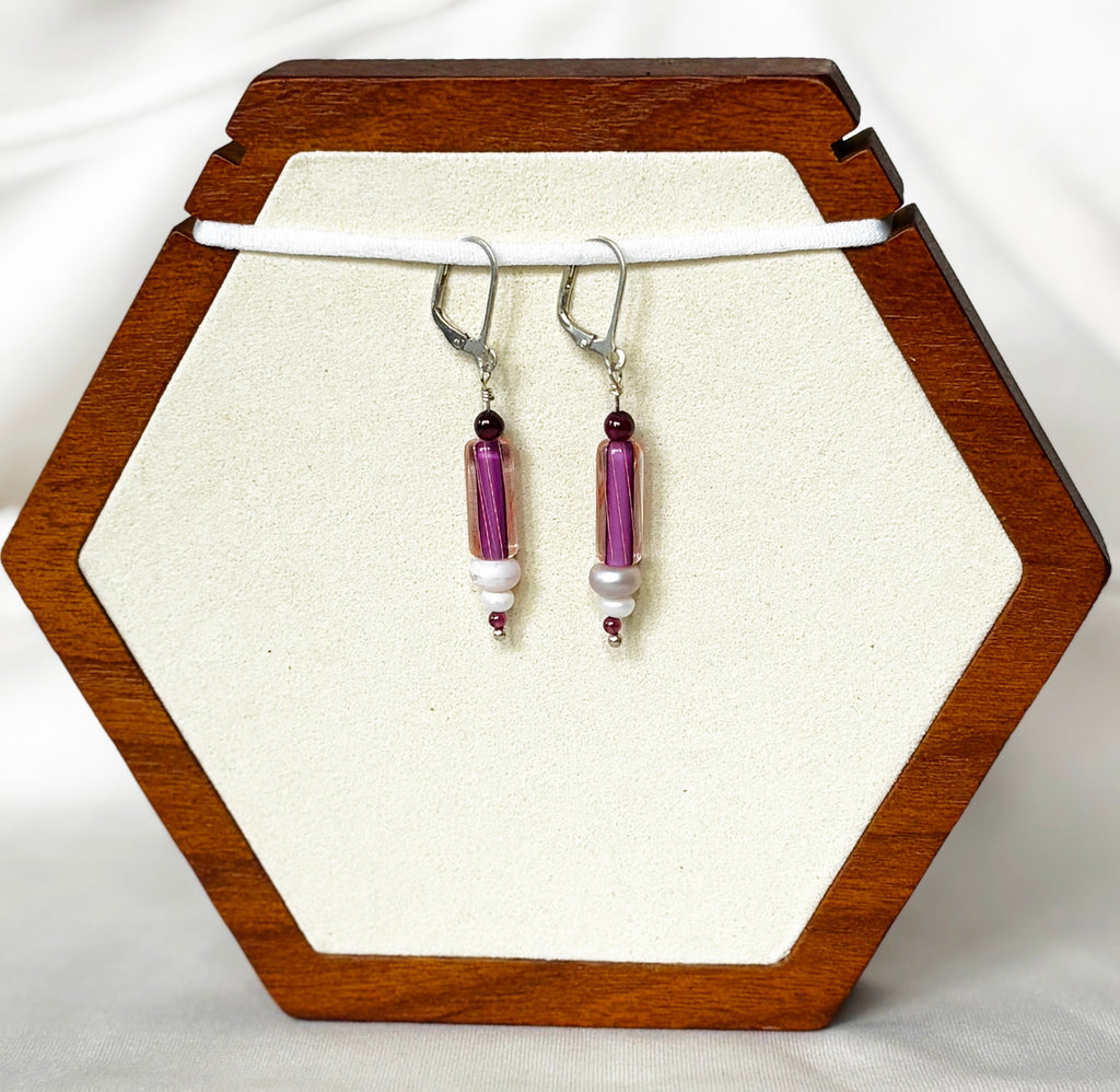 EnJen – Purple & Yellow Striped Glass with Freshwater Pearl Earrings with Sterling Silver Leverbacks