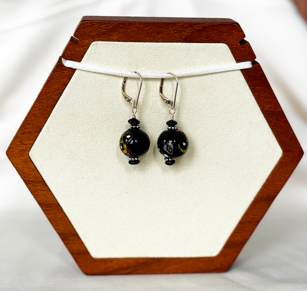 EnJen – Lampworked Glass Ball Earrings with Onyx Accents