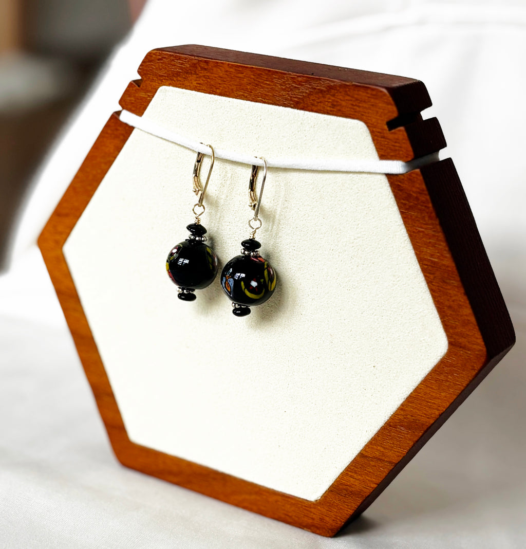 EnJen – Lampworked Glass Ball Earrings with Onyx Accents