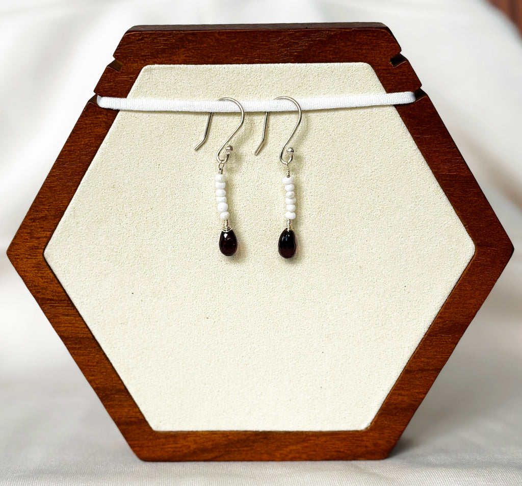 EnJen – Hand-wrapped Garnet & Pearl Drop Earrings on Sterling Silver Hooks