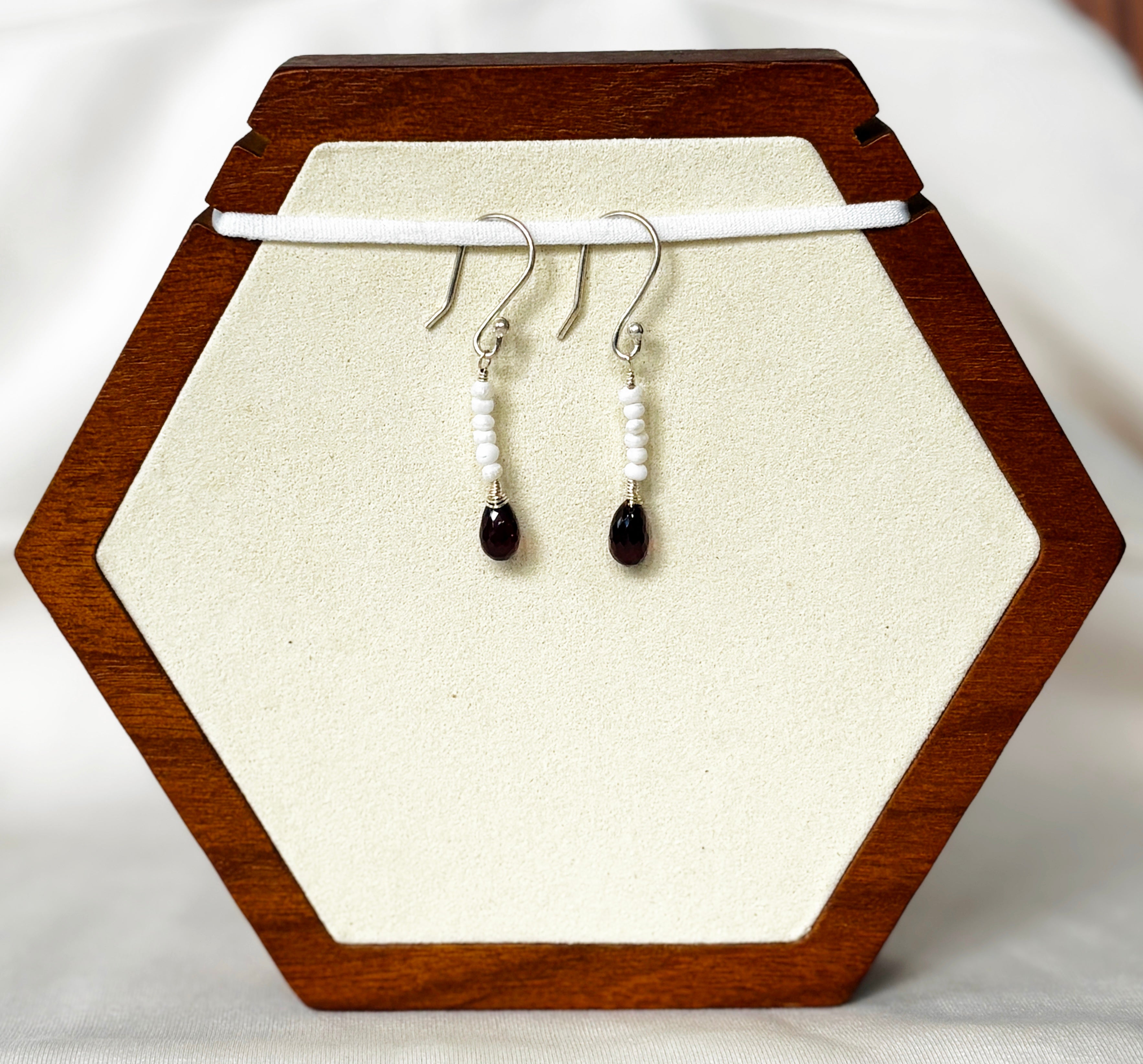 EnJen – Hand-wrapped Garnet & Pearl Drop Earrings on Sterling Silver Hooks