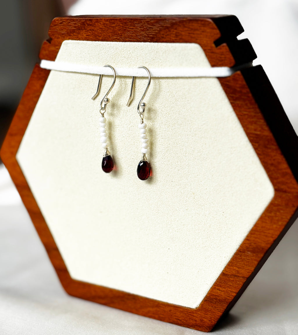 EnJen – Hand-wrapped Garnet & Pearl Drop Earrings on Sterling Silver Hooks