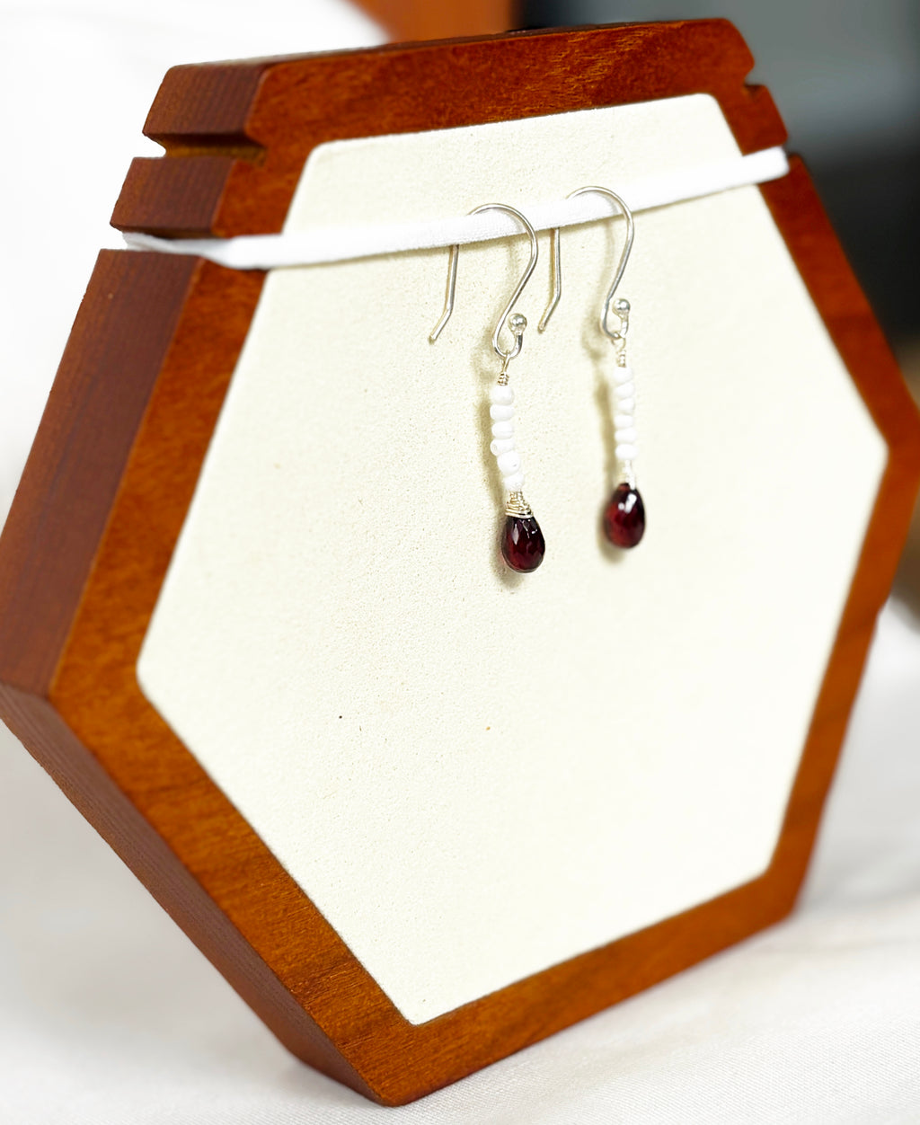 EnJen – Hand-wrapped Garnet & Pearl Drop Earrings on Sterling Silver Hooks